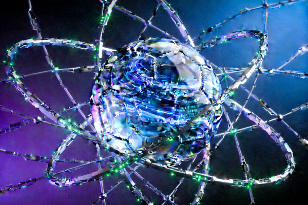象征人工智能与足球结合的概念图 - 数字化的足球在数据网络中